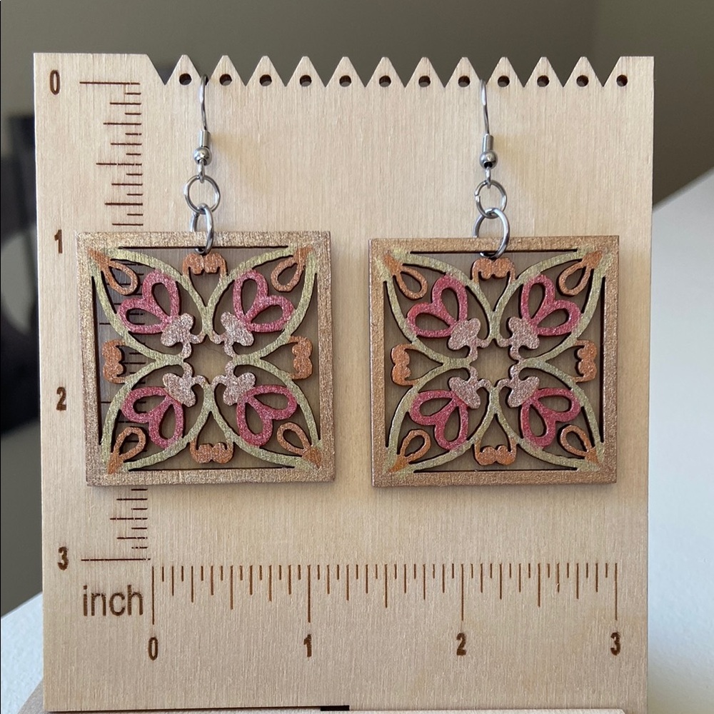 2/$15! New! Square Wooden Earrings with Pink and Brown Design